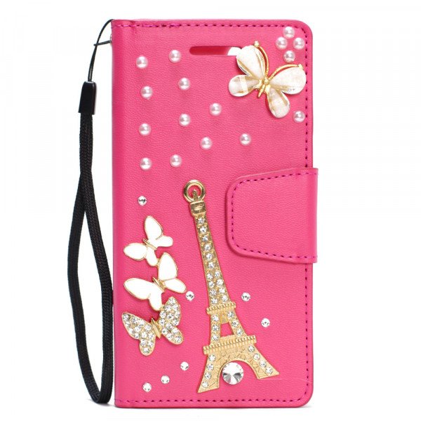 Wholesale iPhone 8 Plus / iPhone 7 Plus Crystal Flip Leather Wallet Case with Strap (Tower Hot Pink)